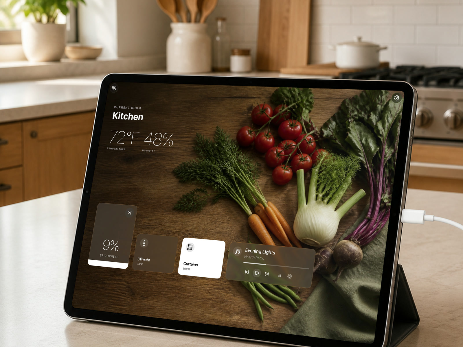 Hearth kitchen dashboard showing climate, lights, curtains, and media controls