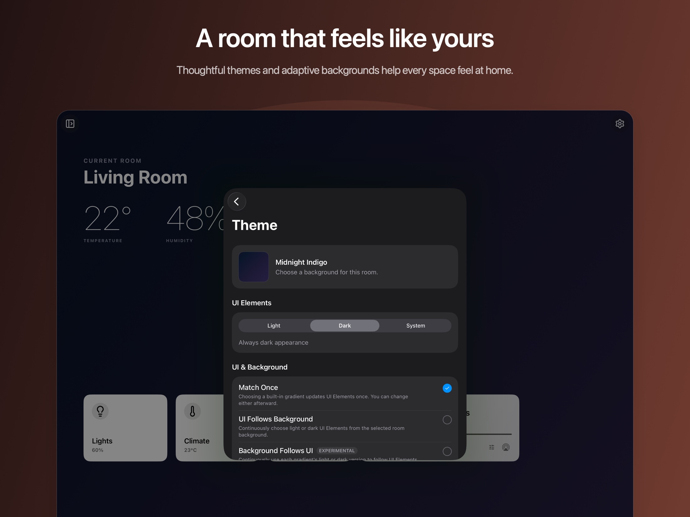 Hearth theme settings with adaptive background and interface options